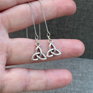 Threader Earrings Silver Trinity Knot Dangle. Minimalist Celtic Jewelry Gift for Her.