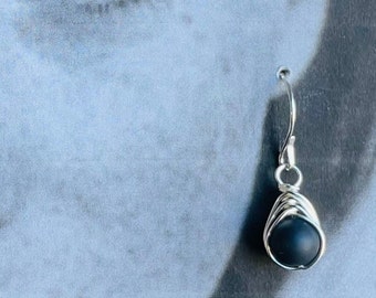 Kilkenny Black Marble Wire Wrapped Drop Silver Earrings. Celtic Jewelry. Gemstone from Ireland.