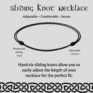 An informational graphic displaying a black adjustable nylon cord necklace with sliding knots, accompanied by descriptive text and a repeating knot border.