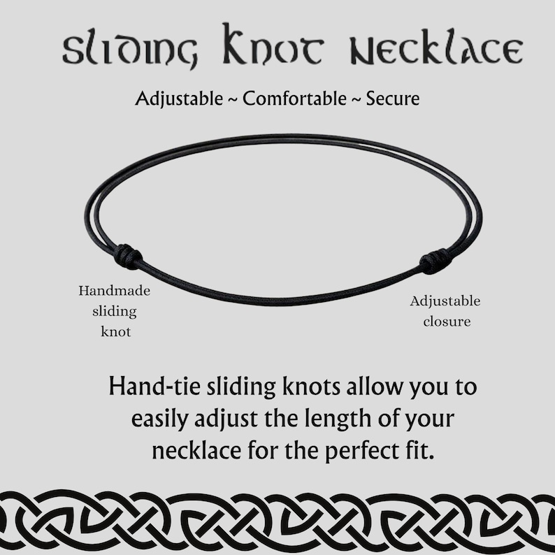 An informational graphic displaying a black adjustable nylon cord necklace with sliding knots, accompanied by descriptive text and a repeating knot border.
