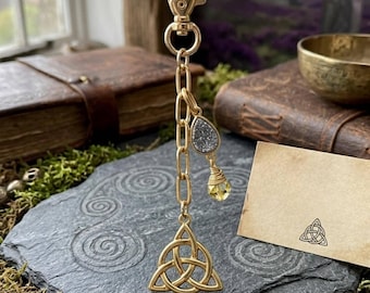 Trinity Celtic Knot Zipper Tassel. Gold Key chain. Irish purse bag dangle charm.