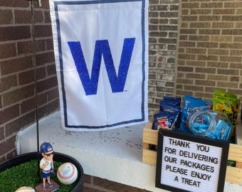 Bedazzled Chicago CUBS W Garden Flag. Double sided 12 x 18-inch baseball yard flag.
