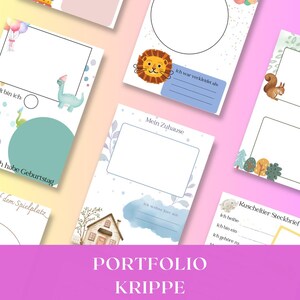 May include: A collection of colorful children's portfolio pages with illustrations of a lion, squirrel, dinosaur, and house. The pages have fill-in-the-blank sections and the text "PORTFOLIO KRIPPE" at the bottom.