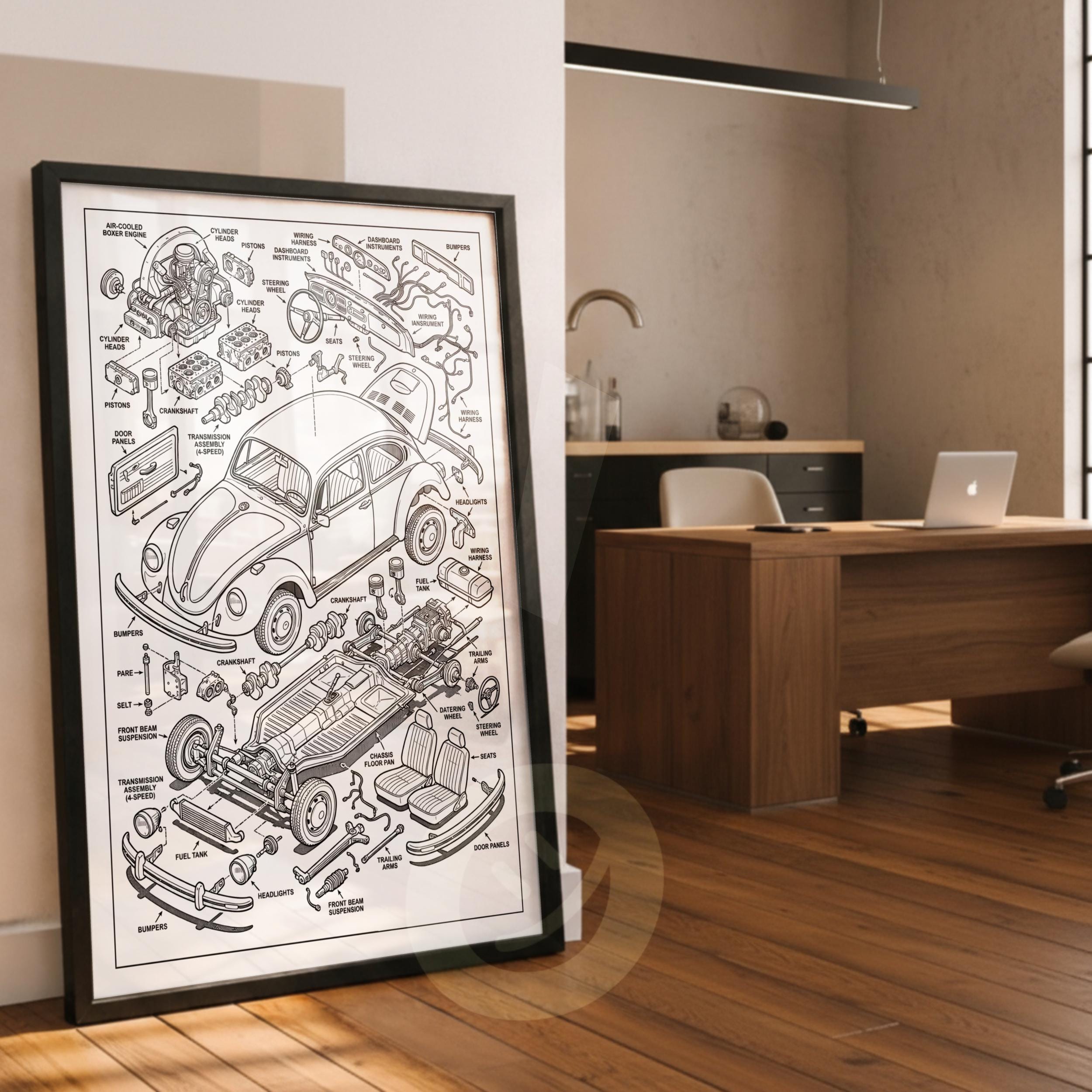 Volkswagen Beetle Exploded Diagram Wall Art, Classic VW Beetle ...