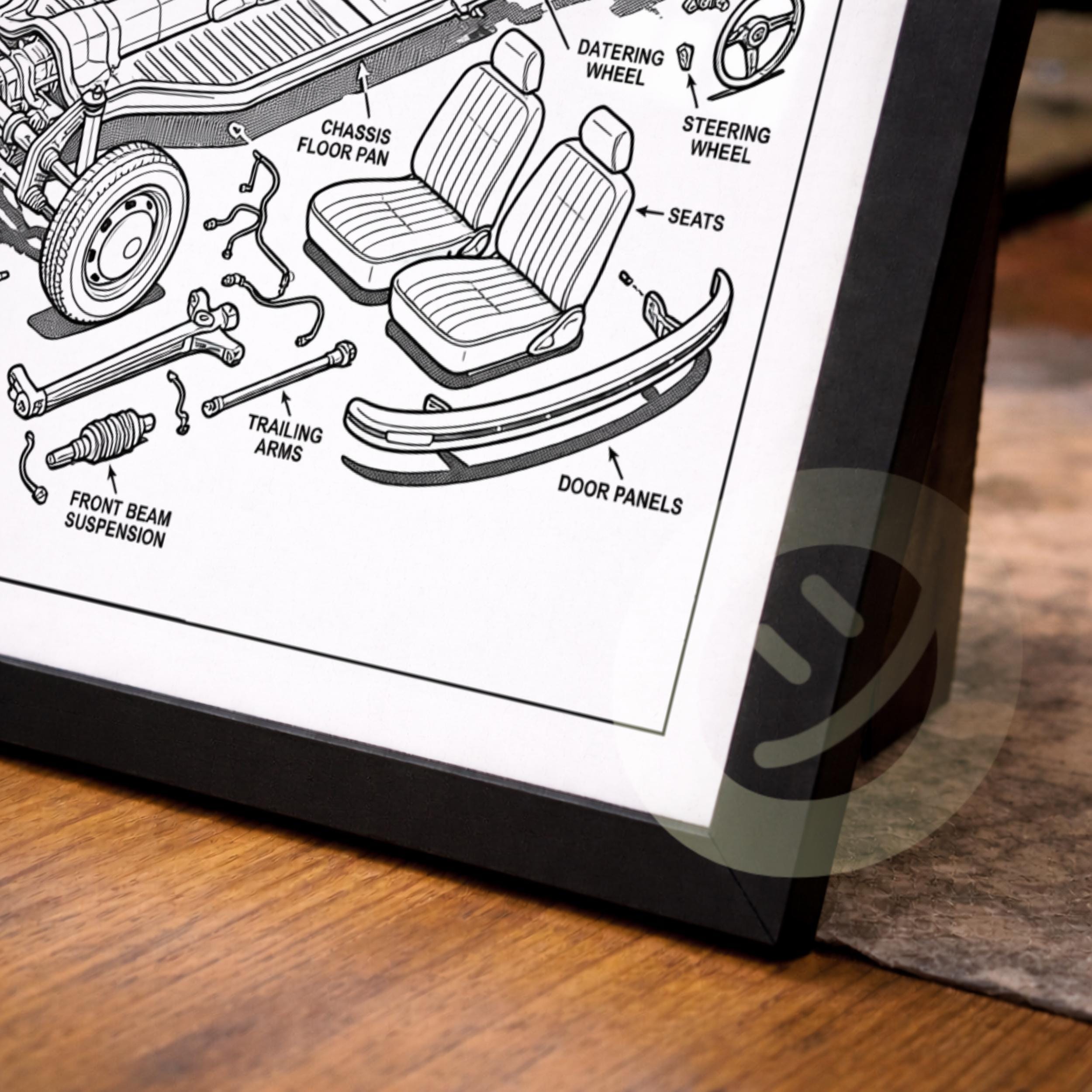 Volkswagen Beetle Exploded Diagram Wall Art, Classic VW Beetle ...