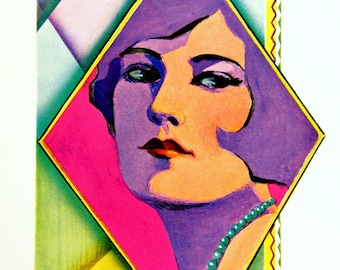 Modernistic Flapper, Vintage Ad: 1920s Art Deco Color Engraving, Radiant Bright Colors, Cubist Influence