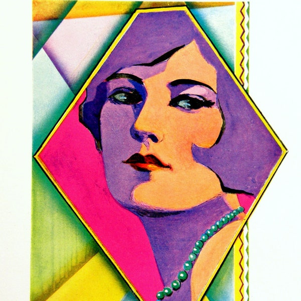 Modernistic Flapper, Vintage Ad: 1920s Art Deco Color Engraving, Radiant Bright Colors, Cubist Influence