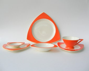 Create Your Own Custom Salem Tricorne / Streamline Dinnerware Set: Atomic Art Deco in Mandarin Orange, Wedding Registry Options Available