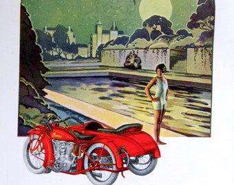 1927 Print, Vintage Indian Motorcycle Ad: Twilight Flapper Under Full Moon, 4-Color Lithograph, Black Mat Optional