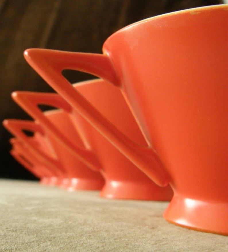 Atomic Art Deco Salem Streamline Cup w/ Tricorne Saucer in Mandarin Orange Graded & Priced by Condition image 6