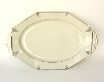 Deauville Art Deco Serving Platter, LG: 1931 Community China - Ivory Bavarian China w/ Platinum Chevrons, Trim - Vintage Wedding China