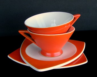 Atomic Art Deco Cups & Saucers: Set of 2 Salem Streamline/Tricorne in Mandarin Orange - Priced by Condition Grade