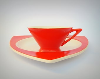 Atomic Art Deco Salem Streamline Cup w/ Tricorne Saucer in Mandarin Orange - Graded & Priced by Condition