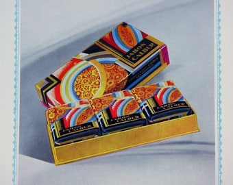 Art Deco Chromolitho Print, Rare Vintage Soaps & Toiletries Catalog Illustrations: Cálber Perfumeria España, Pg 9-10, Black Mat Optional