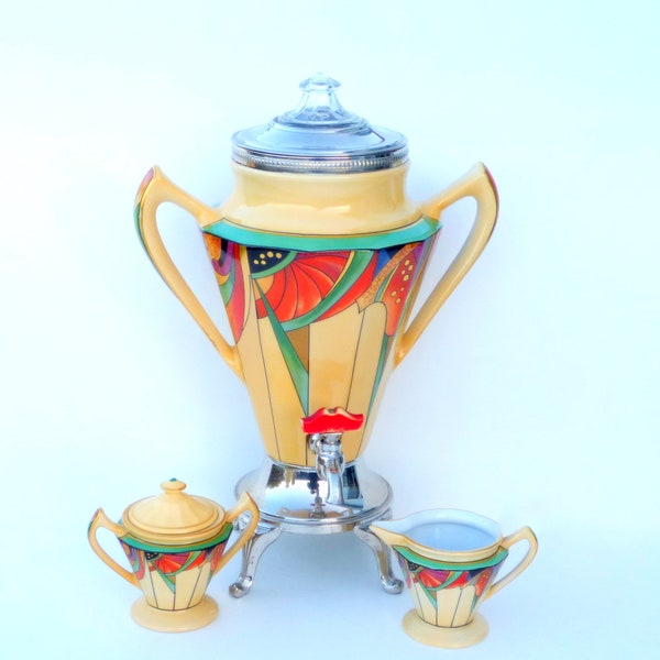 Royal Rochester Fraunfelter 'Modernistic' Coffee Percolator Urn, Mini Cream & Sugar: Cubist Egyptian Revival Art Deco, FREE SHIPPING in US