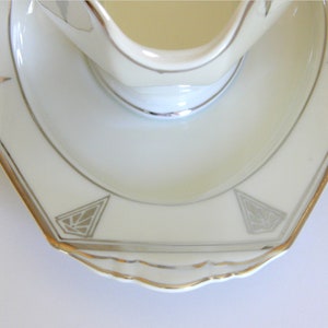 Art Deco Gravy Boat, Deauville by Community China 1930's Ivory Bavarian Porcelain w/ Platinum Trim & Chevrons, Vintage Wedding China image 5