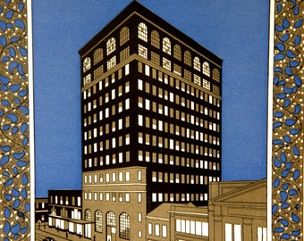 Art Deco Architecture Print: Vintage Chromolitho of Roaring 20's Calendar Art, US Nat'l Bank, Johnstown, PA - Optional Mat