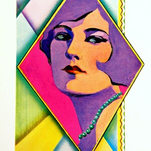 May include: A colorful abstract portrait of a woman with purple hair and a green beaded necklace. The woman's face is painted in a stylized manner with a pink background. The image is framed in a yellow diamond shape.