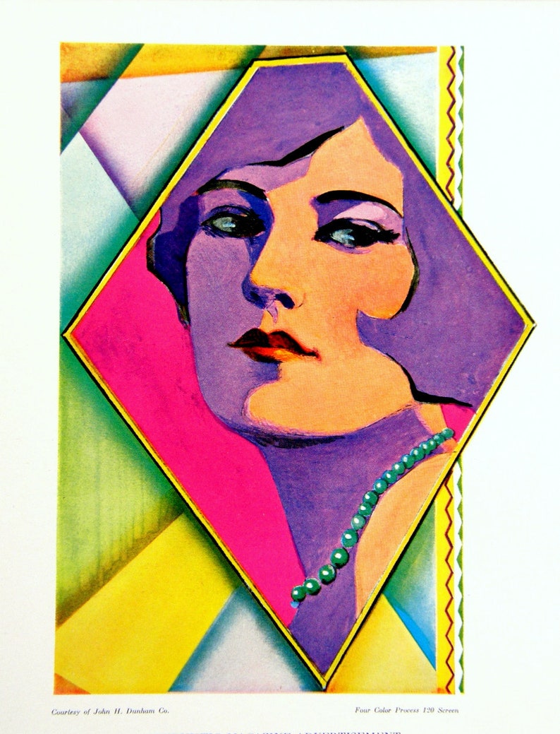 May include: A colorful abstract portrait of a woman with purple hair and a green beaded necklace. The woman's face is painted in a stylized manner with a pink background. The image is framed in a yellow diamond shape.