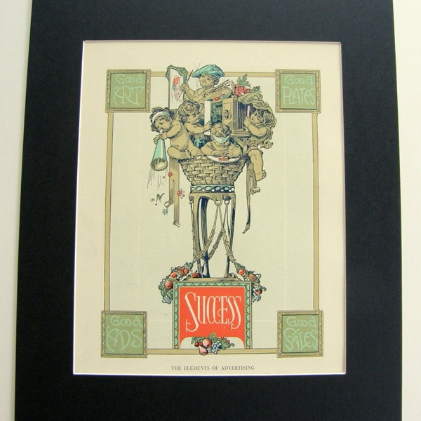 Ruggenti stampe litografiche Art Deco anni '20 con tappetino: annunci vintage, spirito di business moderno e successo - Elementi di pubblicità