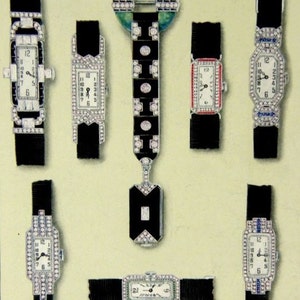 1927 6-Color Print of Vintage Jewelry Ad: Art Deco Diamond Watches, Diamond Rings Optional Black Mat image 1