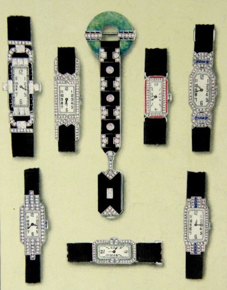 1927 6-Color Print of Vintage Jewelry Ad: Art Deco Diamond Watches, Diamond Rings Optional Black Mat image 1