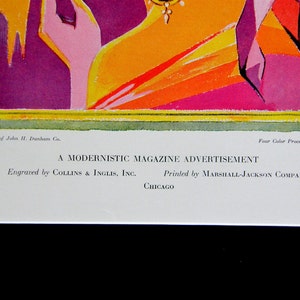 May include: A modernist magazine advertisement with a colorful geometric design. The text reads "A MODERNISTIC MAGAZINE ADVERTISEMENT" and "Engraved by COLLINS & INGLIS, INC. Printed by MARSHALL-JACKSON COMPANY CHICAGO".