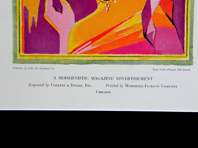 May include: A modernist magazine advertisement with a colorful geometric design. The text reads "A MODERNISTIC MAGAZINE ADVERTISEMENT" and "Engraved by COLLINS & INGLIS, INC. Printed by MARSHALL-JACKSON COMPANY CHICAGO".