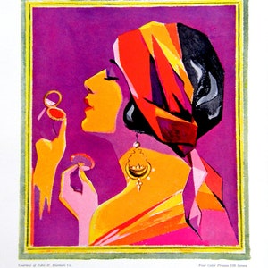 May include: A colorful illustration of a woman wearing a red, orange, and black headscarf and a gold earring. She is holding a compact mirror in her right hand and a small round object in her left hand. The background is a vibrant purple.