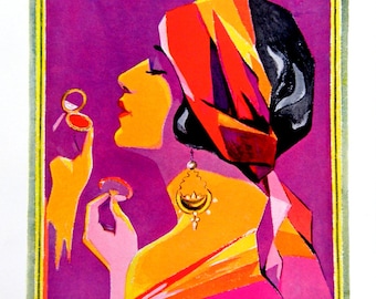 Modernistic Gypsy Flapper, Vintage Cosmetics Ad: 1920s Art Deco Color Engraving, Radiant Bright Colors