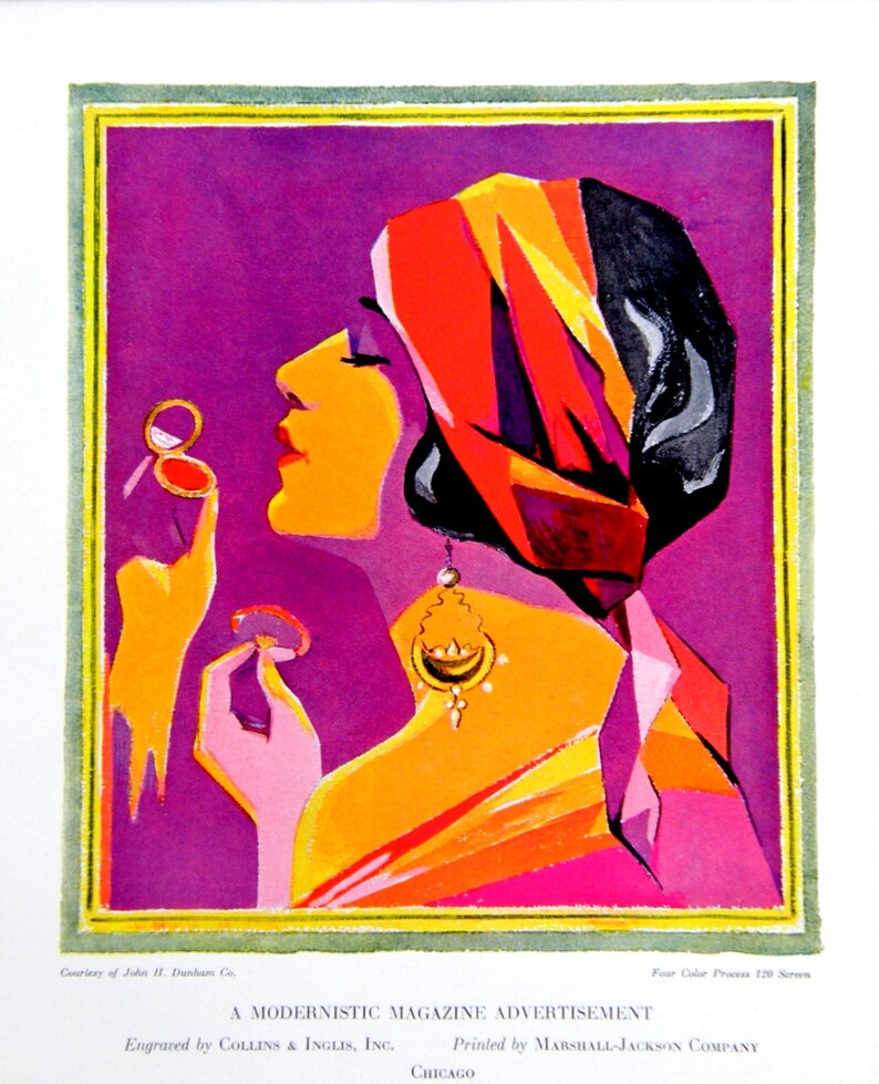 May include: A colorful illustration of a woman wearing a red, orange, and black headscarf and a gold earring. She is holding a compact mirror in her right hand and a small round object in her left hand. The background is a vibrant purple.