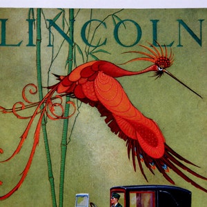 Fierce Art Deco Lincoln Ad Print: Stark Davis Illustration, Antique Automobile Advertisement, Mythical Red FireBird, 1927 Car Ad Art image 1