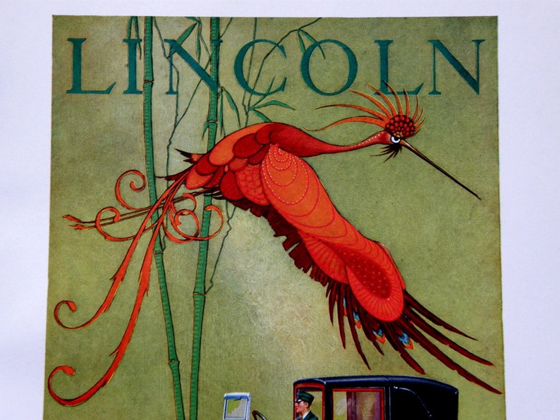 Fierce Art Deco Lincoln Ad Print: Stark Davis Illustration, Antique Automobile Advertisement, Mythical Red FireBird, 1927 Car Ad Art image 1