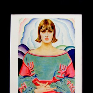 May include: A painting of a woman with short brown hair wearing a green and pink dress with a geometric pattern. The background is a blue and purple abstract design.