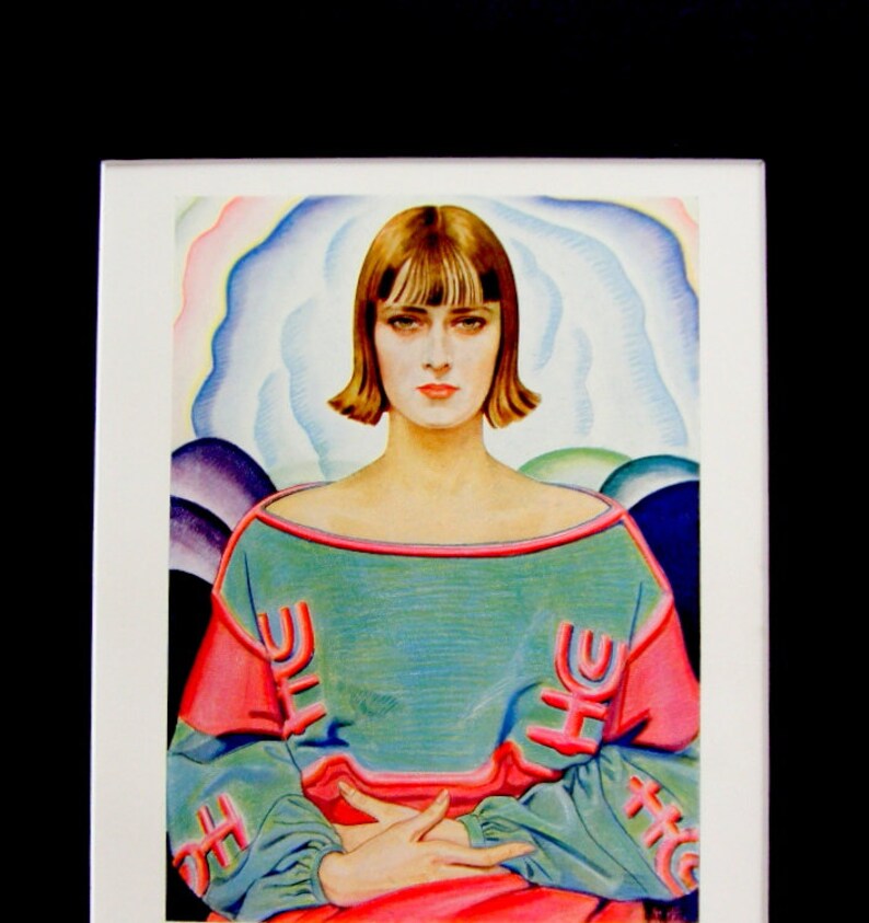 May include: A painting of a woman with short brown hair wearing a green and pink dress with a geometric pattern. The background is a blue and purple abstract design.