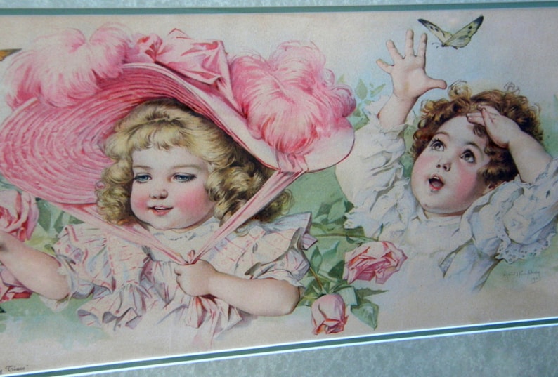 Maud Humphrey Butterfly Time Chromolithograph: Yard Long Print, Signed by Bogart's Mom, 1903, New Frame & Glass, Victorian Children image 3