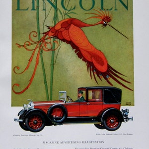 Fierce Art Deco Lincoln Ad Print: Stark Davis Illustration, Antique Automobile Advertisement, Mythical Red FireBird, 1927 Car Ad Art image 2