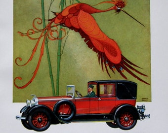 Fiercely Fabulous Art Deco Lincoln Ad Print: Stark Davis Illustration, Antique Automobile Advertisement, Mythical Red FireBird, 1927 Car Ad