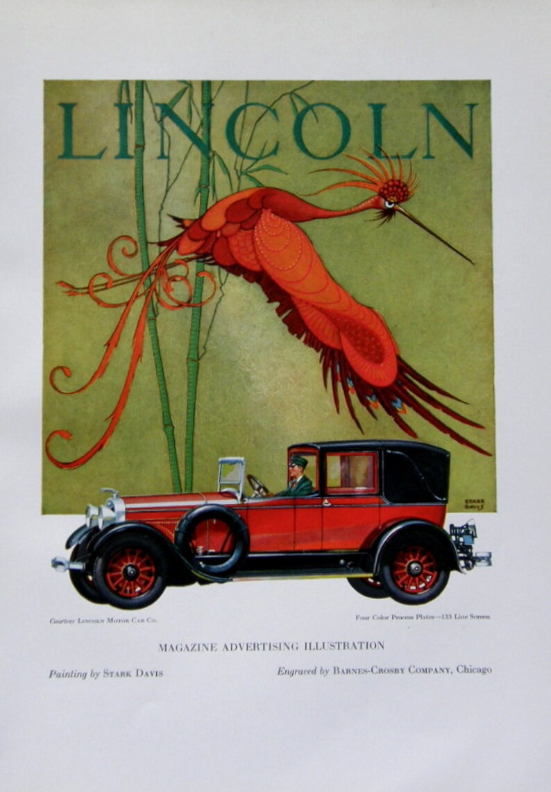 Fierce Art Deco Lincoln Ad Print: Stark Davis Illustration, Antique Automobile Advertisement, Mythical Red FireBird, 1927 Car Ad Art image 2