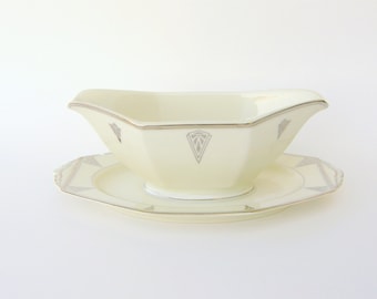 Art Deco Gravy Boat, Deauville by Community China - 1930's Ivory Bavarian Porcelain w/ Platinum Trim & Chevrons, Vintage Wedding China