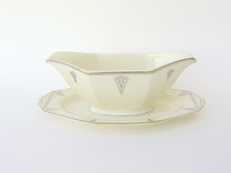 Art Deco Gravy Boat, Deauville by Community China 1930's Ivory Bavarian Porcelain w/ Platinum Trim & Chevrons, Vintage Wedding China image 1