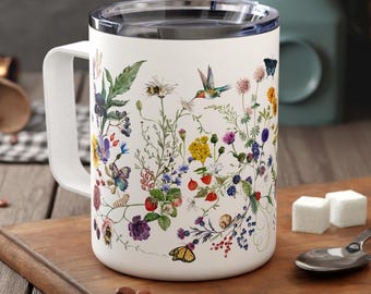 Botanical Insulated Coffee Mug, 10oz - Floral Travel Cup for Nature Lovers, Eco-Friendly Gift, Tea or Coffee Lover's Mug