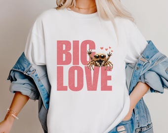Comfort Colors®, vintage schattig springspin BIG LOVE casual chic T-shirt; Valentijnsdag-shirt; Uniseks grafisch T-shirt; Cadeau spinnenliefhebber
