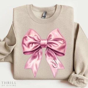 Monogrammed Sweatshirt, Personalized Name Floral Bow sweatshirt, Coquette Pink Aesthetic Pink Bow Cusom Initial Sweatshirt, Casual Chic Gift