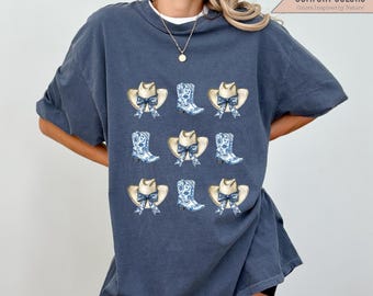 Cowgirl Shirt - Comfort Colors, Cute Daughter Gift, Cowgirl Hat & Boots Shirt Toile de Jouy, Coquette Aesthetic, Western Vibe, Blue bow