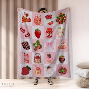 Pop-art geruite aardbeideken - Huisverwarmend cadeau, aardbeidecor, zacht pluche en gezellig deken, retro aardbeideken