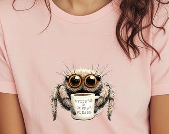 Spiders & Coffee Please t-shirt - Unisex Graphic Tee; Coffee Spider Lover T-shirt; Jumping spider pet; Spider Gift, Spider lover Gift
