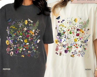 Vintage Pressed Flowers Shirt - Comfort Colors, Boho Cottagecore T-shirt, Vintage Botanical Flower Tee, Insects Bugs Hummingbird Dragonfly