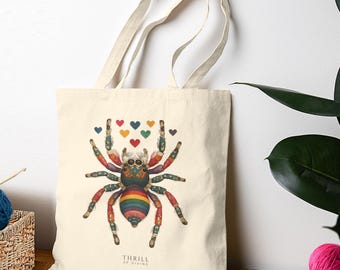 Bolsa de lona de algodón con diseño de araña arcoíris: regalo para los amantes de los arácnidos
