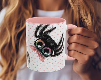 Cute Pink Bow Jumping Spider Love Mug, Quirky Coffee Cup for Spider and Bug Lovers,Gift for Valentines Day,Cute Home Decor,Spider Lover Gift
